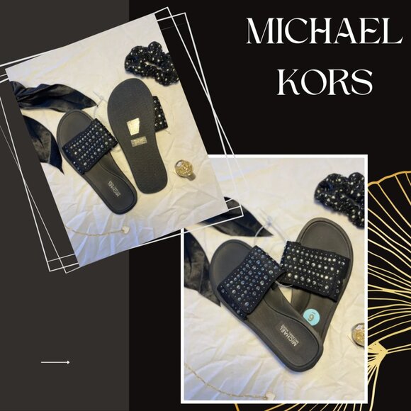 MICHAEL KORS BLACK RHINESTONE SANDALS SCUBA SLIDES NWT - Picture 1 of 2
